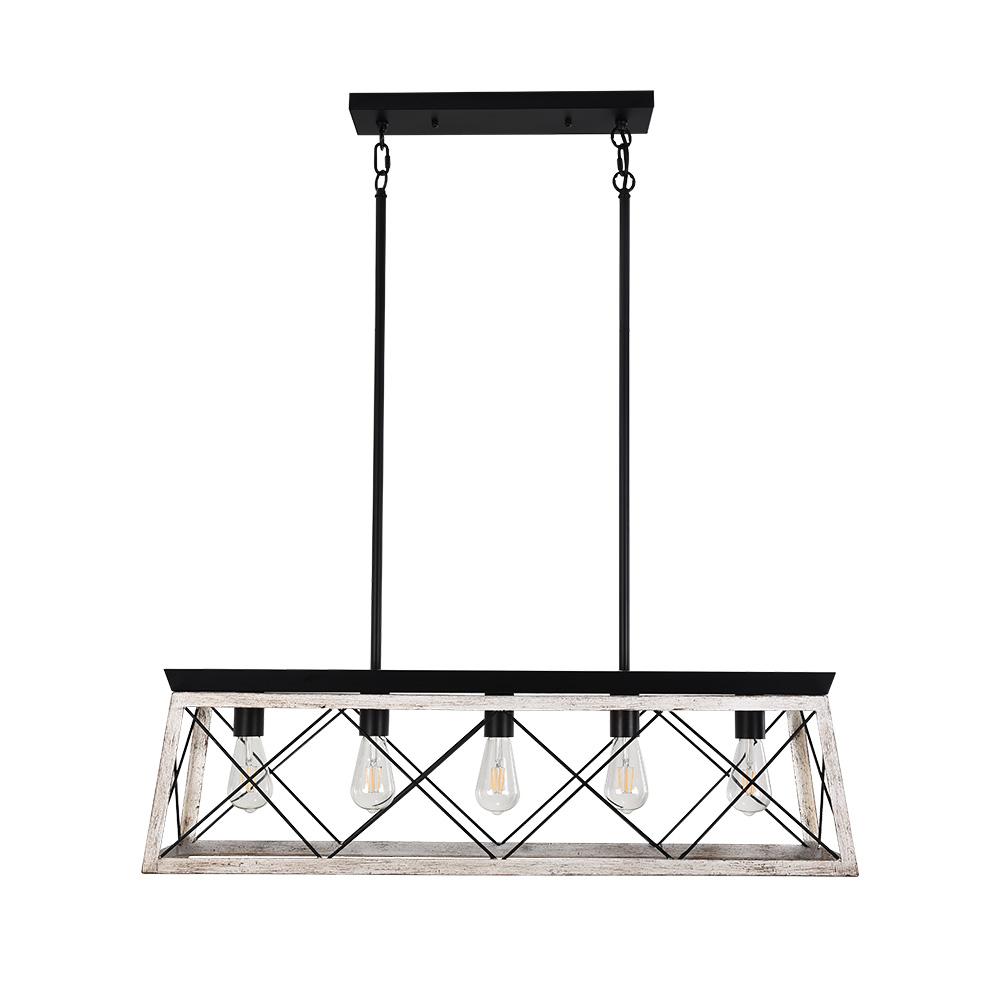 Araña rectangular de 5 luces para isla de cocina. Acabado en metal, perfecta para ambientes modernos.
