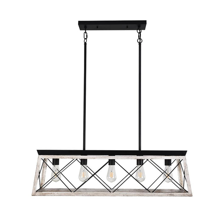 Araña rectangular de 5 luces para isla de cocina. Acabado en metal, perfecta para ambientes modernos.