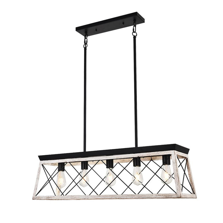 Araña de 5 luces para isla de cocina, diseño rectangular lineal. Metal, estilo rústico moderno.