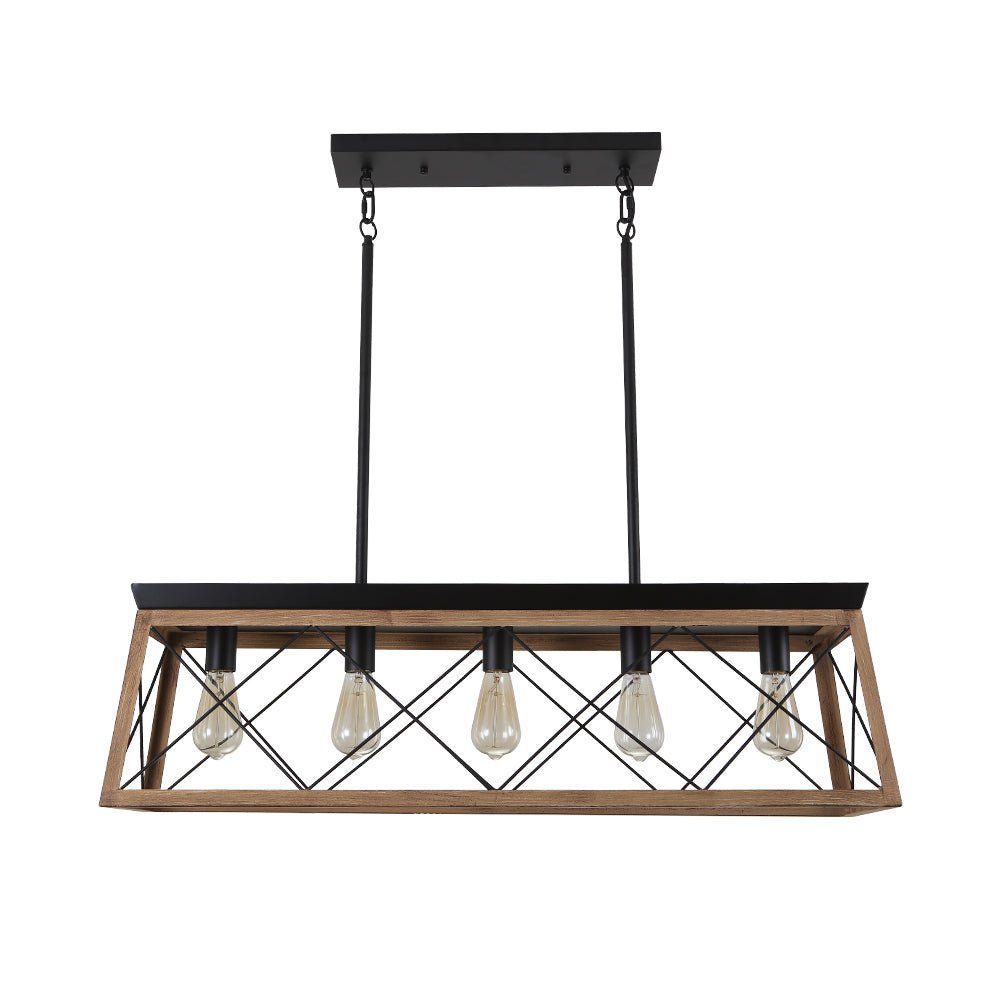 Araña de metal rústico-moderna para cocina. Lámpara lineal rectangular de 5 luces sobre isla.