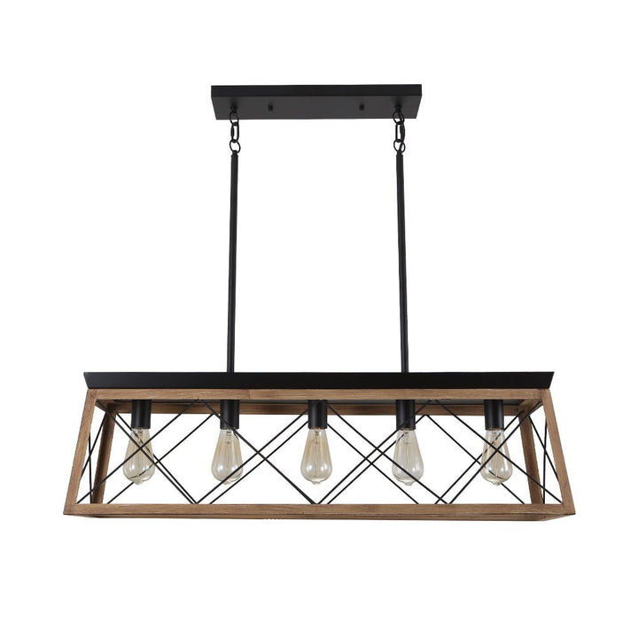Araña de metal rústico-moderna para cocina. Lámpara lineal rectangular de 5 luces sobre isla.