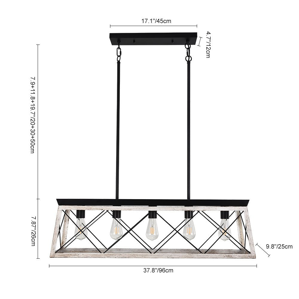 Lámpara de araña lineal rectangular, 5 luces, ideal para isla de cocina. Estilo rústico-moderno en metal.