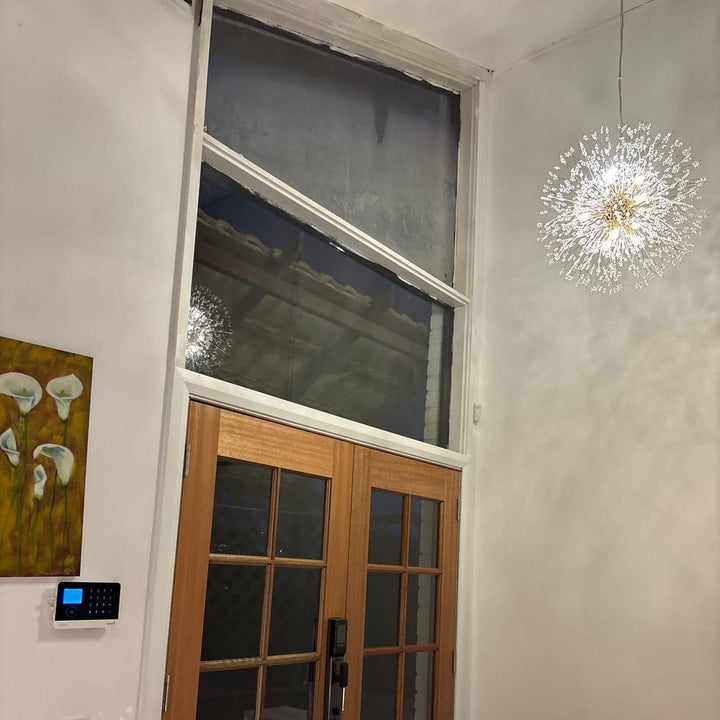Lámpara Sputnik de cristal y cromo, 9 luces LED efecto fuegos artificiales.