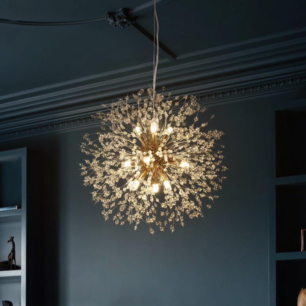 Lámpara de cristal Sputnik cromada, 9 luces, iluminación de lujo para comedor.
