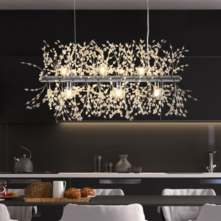 Iluminación de comedor lineal de cristal, candelabro moderno de 9 luces para ambiente sofisticado.