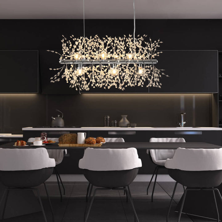 Diseño de lámpara lineal de cristal moderno con 9 focos, perfecta para comedor y decoración.