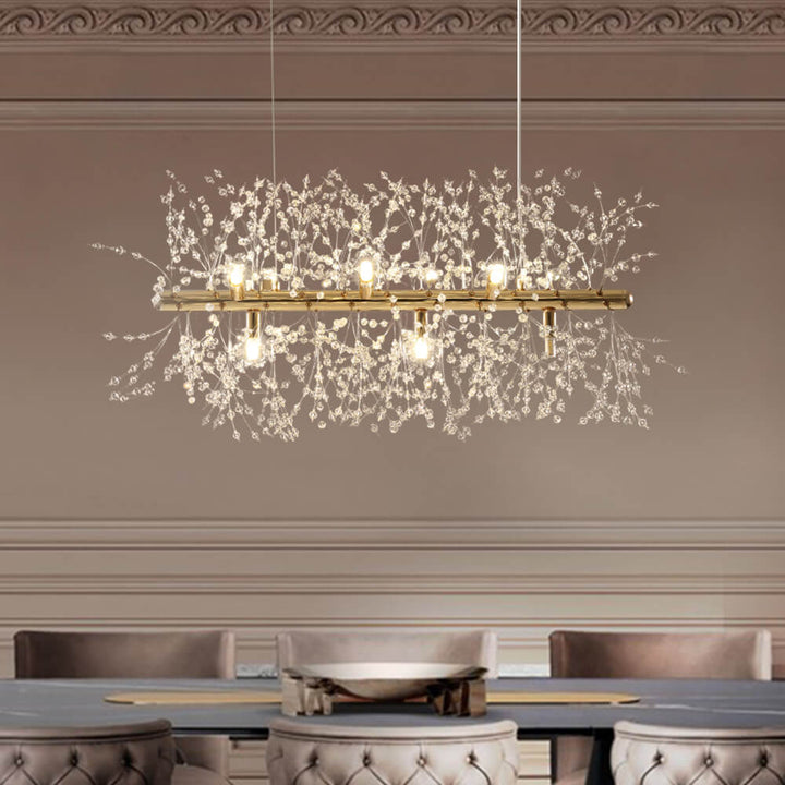 Candelabro lineal moderno de cristal con 9 luces, ideal para comedor.