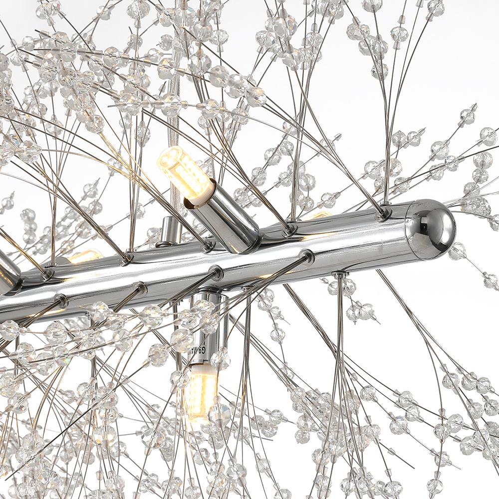 Vista completa de candelabro moderno de cristal, 9 luces, lámpara lineal para comedor elegante.