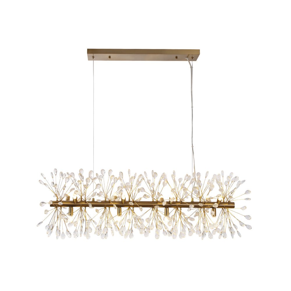 Candelabro lineal de oro con cristal Diente de León floral, 12 luces. Lujo para tu hogar.