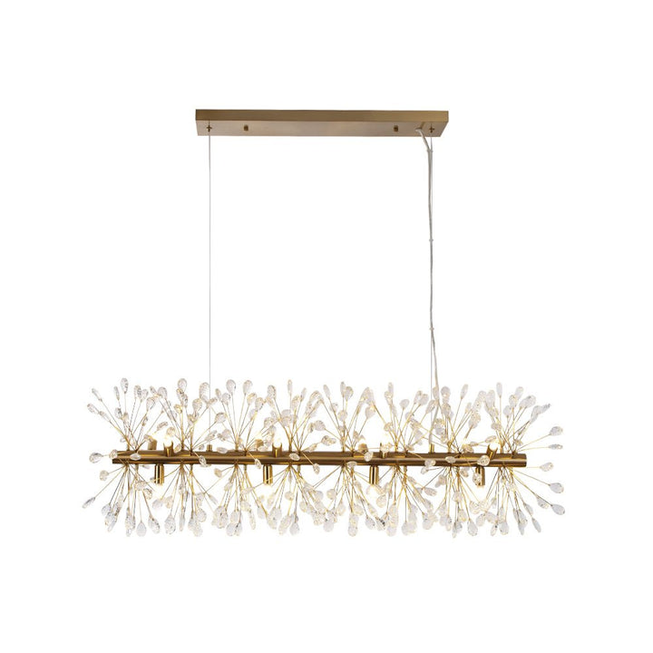 Candelabro lineal de oro con cristal Diente de León floral, 12 luces. Lujo para tu hogar.