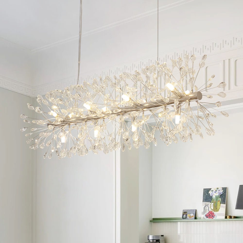 Lámpara de araña lineal de cristal Diente de León, 12 luces. Perfecta para comedor y cocina.