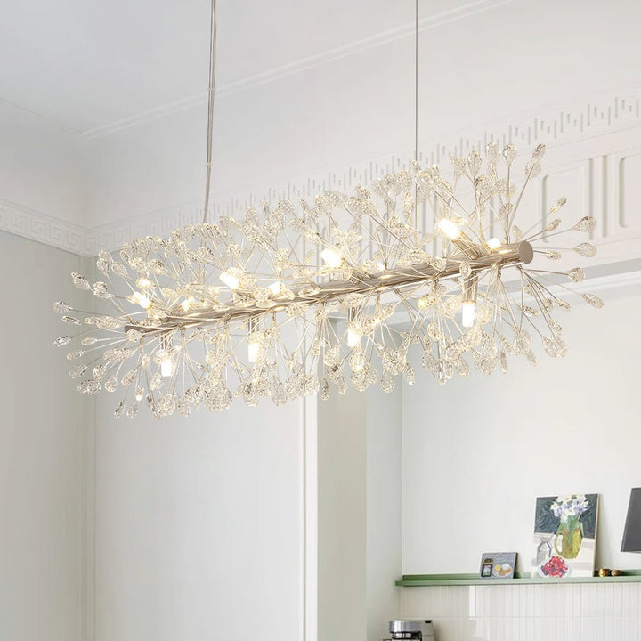 Lámpara de araña lineal de cristal Diente de León, 12 luces. Perfecta para comedor y cocina.