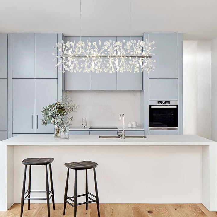 Iluminación lineal de cristal Diente de León floral, 12 luces. Ideal para isla de cocina moderna.