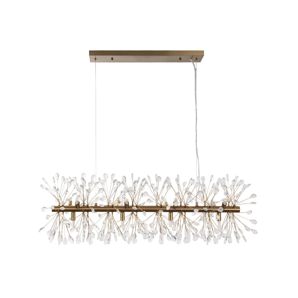 Candelabro cromado lineal de cristal Diente de León, 12 luces. Diseño moderno y elegante.