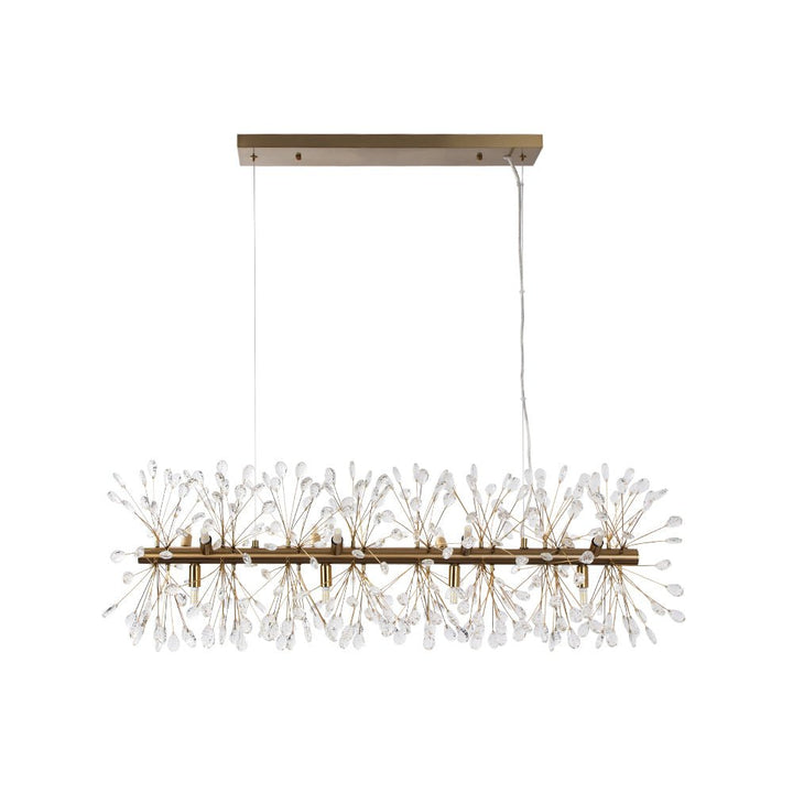 Candelabro cromado lineal de cristal Diente de León, 12 luces. Diseño moderno y elegante.