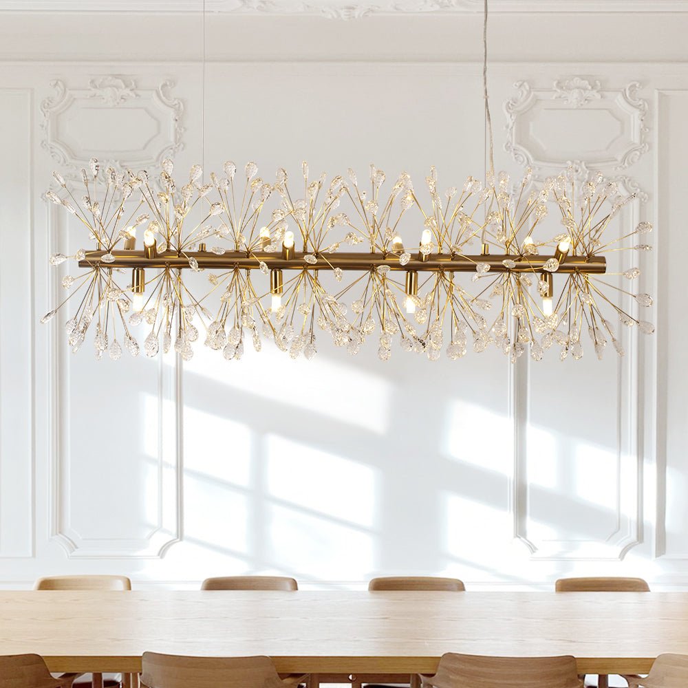 Candelabro lineal de cristal Diente de León floral, 12 luces. Iluminación moderna para salón.