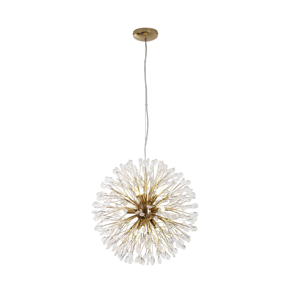 Candelabro de cristal redondo dorado, 9 luces. Diseño floral diente de león, decoración interior lujo.
