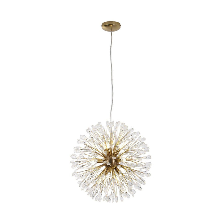 Candelabro de cristal redondo dorado, 9 luces. Diseño floral diente de león, decoración interior lujo.