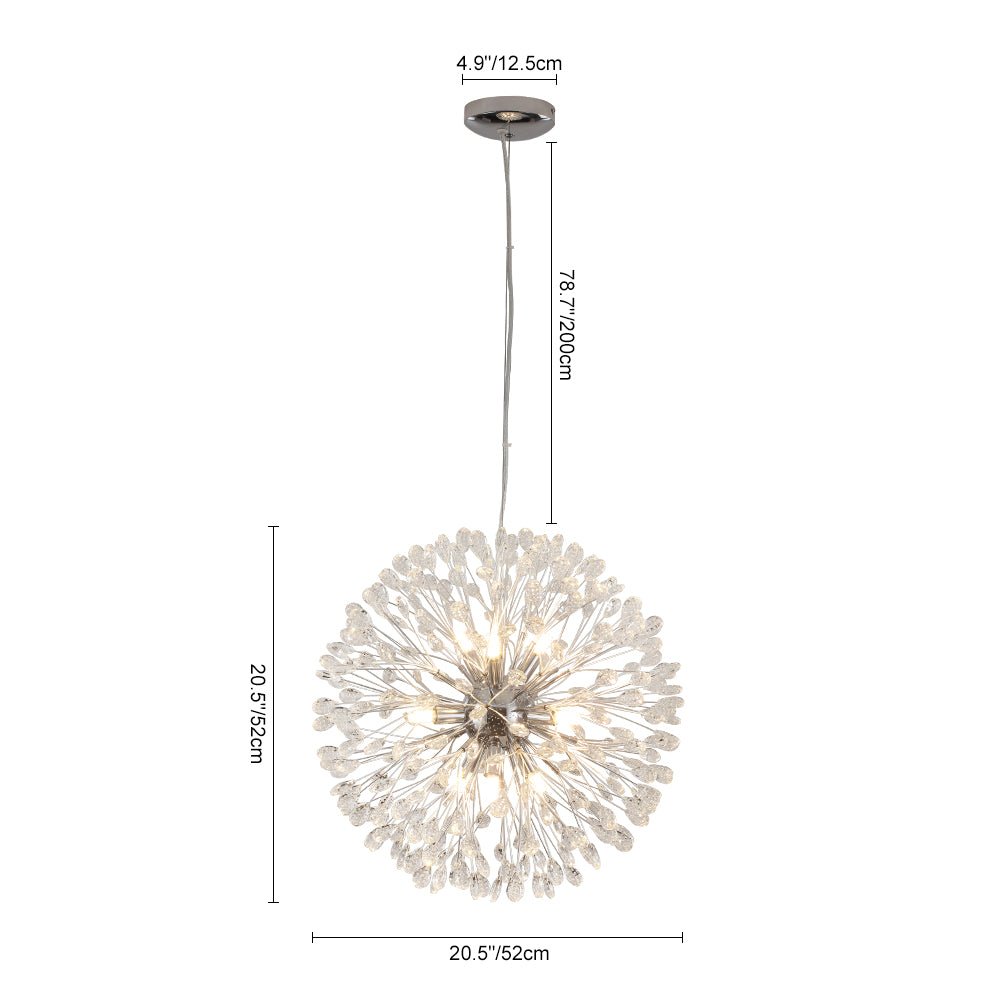 Candelabro de cristal redondo con 9 luces. Diseño diente de león dorado, perfecto para interiores.