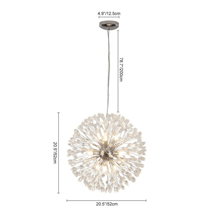 Candelabro de cristal redondo con 9 luces. Diseño diente de león dorado, perfecto para interiores.