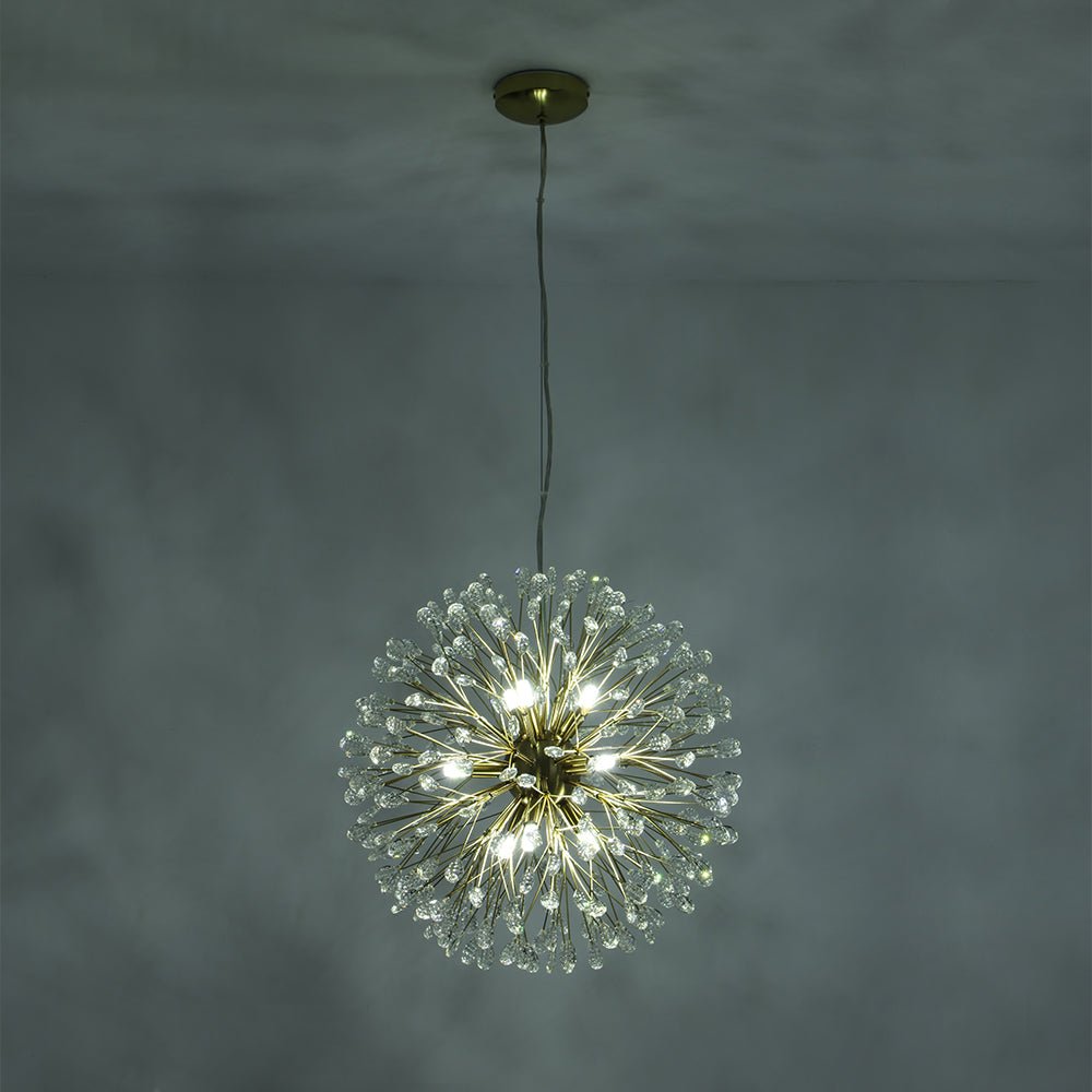Dorado candelabro redondo de cristal con 9 luces. Diseño diente de león, lujo y elegancia.