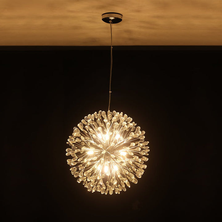 Lámpara de techo de 9 luces, cristal transparente, diseño redondo diente de león. Candelabro floral.