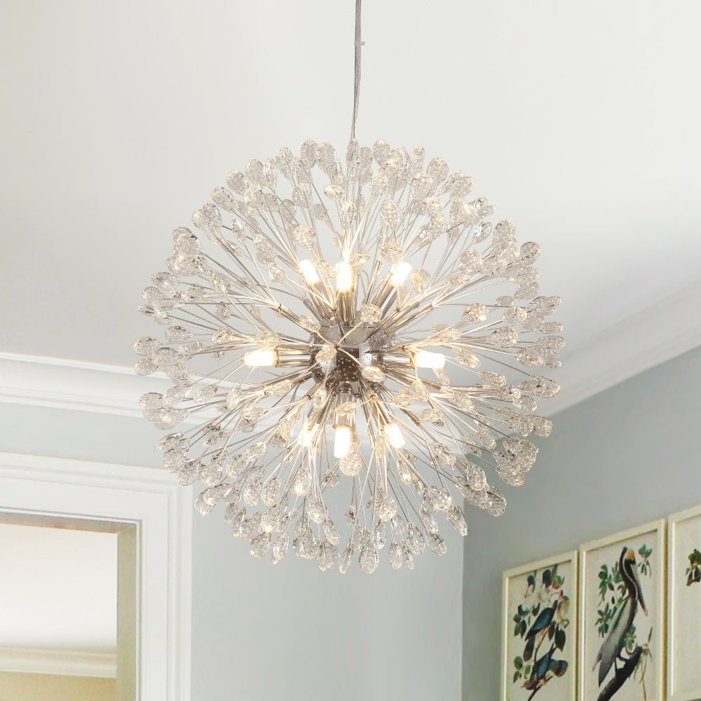 Lámpara de techo dorada de cristal, diseño diente de león redondo, 9 luces. Iluminación lujosa.