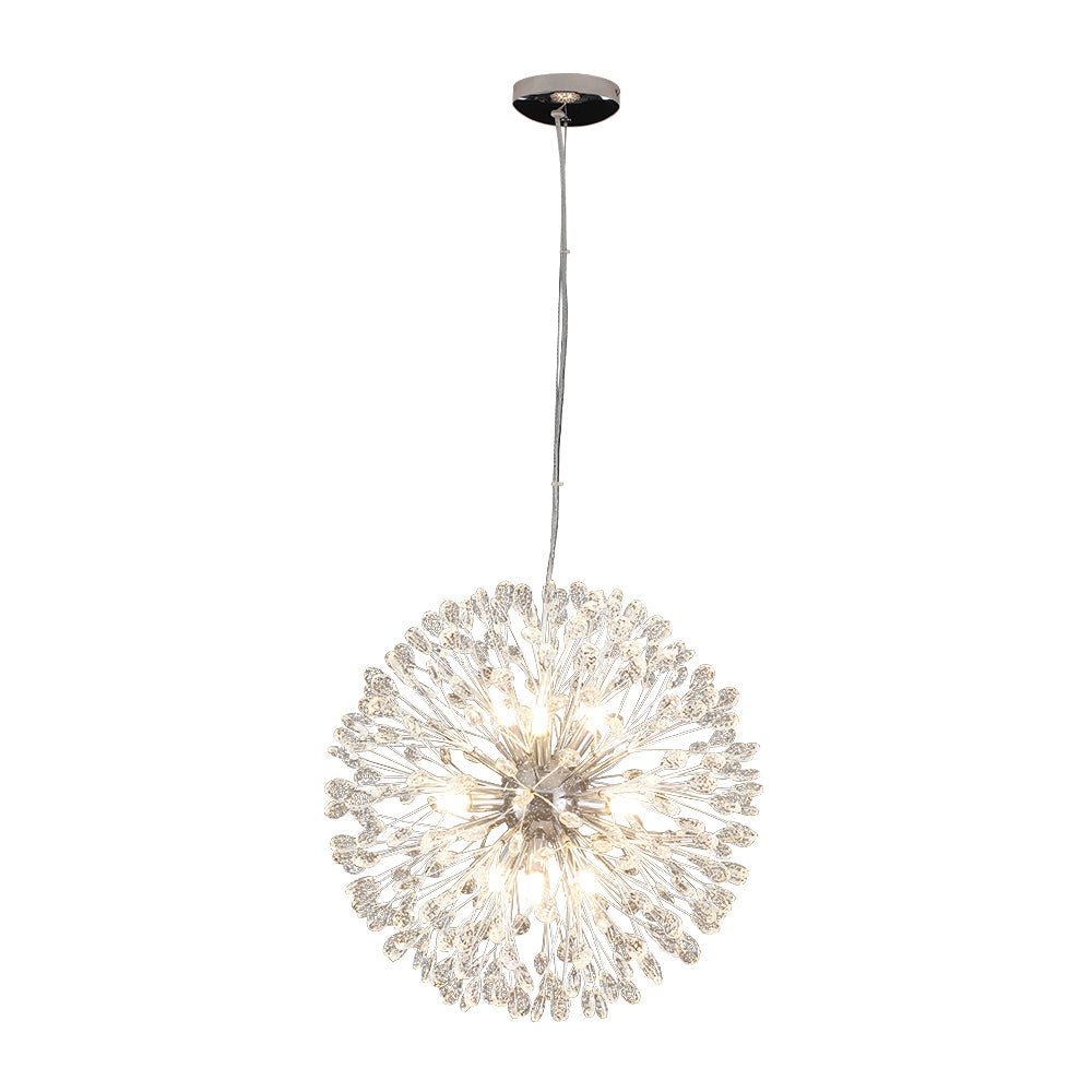Cromado candelabro de cristal redondo, 9 luces. Estilo moderno diente de león, lámpara de techo.