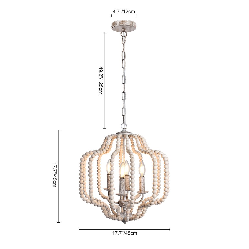 Araña colgante rústica con 4 luces y perlas de madera natural, ideal para el ambiente boho.