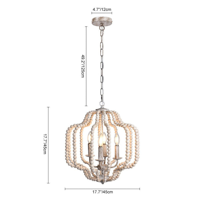 Araña colgante rústica con 4 luces y perlas de madera natural, ideal para el ambiente boho.