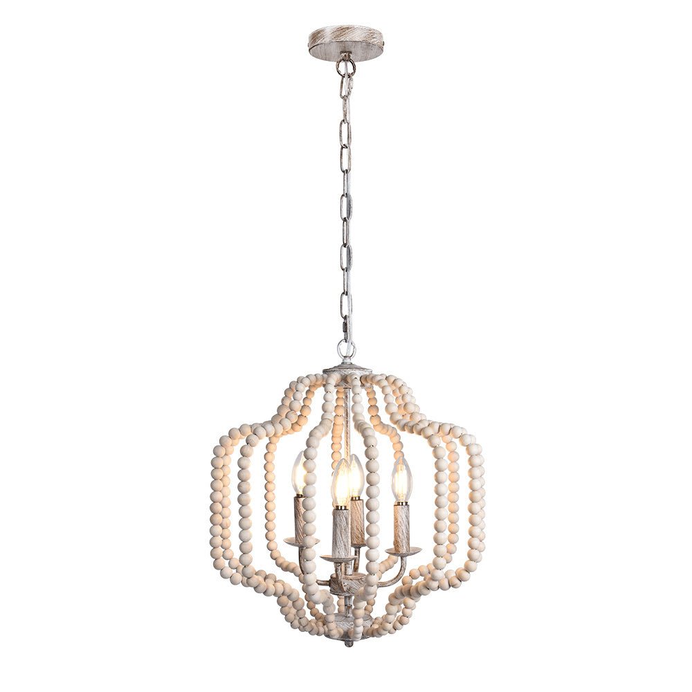 Lámpara de araña estilo granja con perlas de madera y 4 luces, acento decorativo colgante.