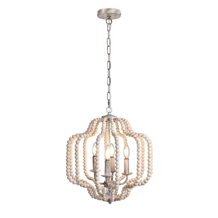 Lámpara de araña estilo granja con perlas de madera y 4 luces, acento decorativo colgante.