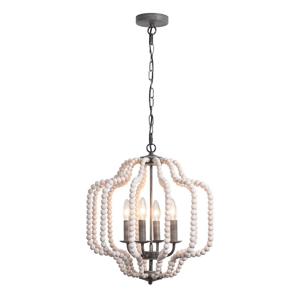 Araña boho-chic de madera y 4 luces, un toque rústico y elegante para cualquier habitación.