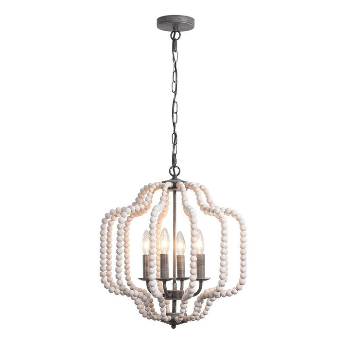 Araña boho-chic de madera y 4 luces, un toque rústico y elegante para cualquier habitación.