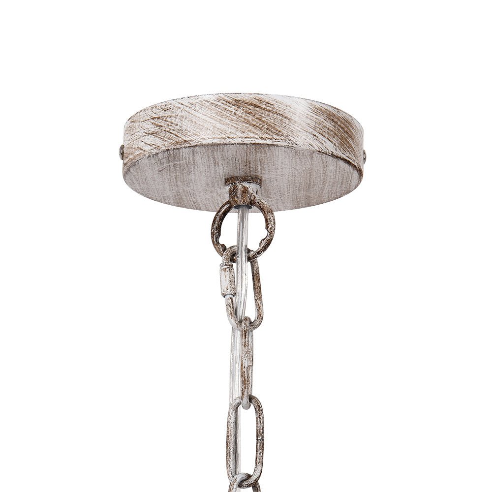 Elegante araña de 4 luces con perlas de madera, diseño boho para la iluminación del hogar.