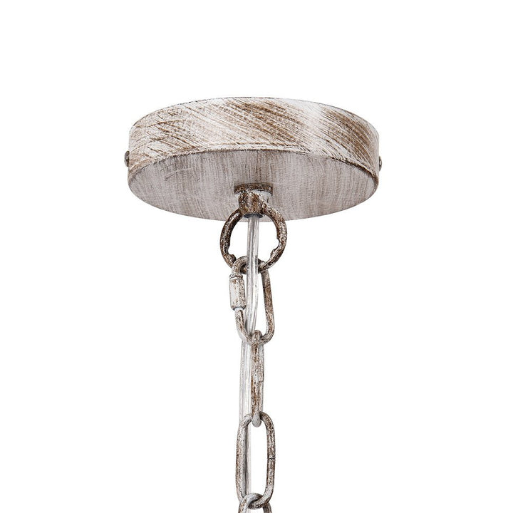 Elegante araña de 4 luces con perlas de madera, diseño boho para la iluminación del hogar.