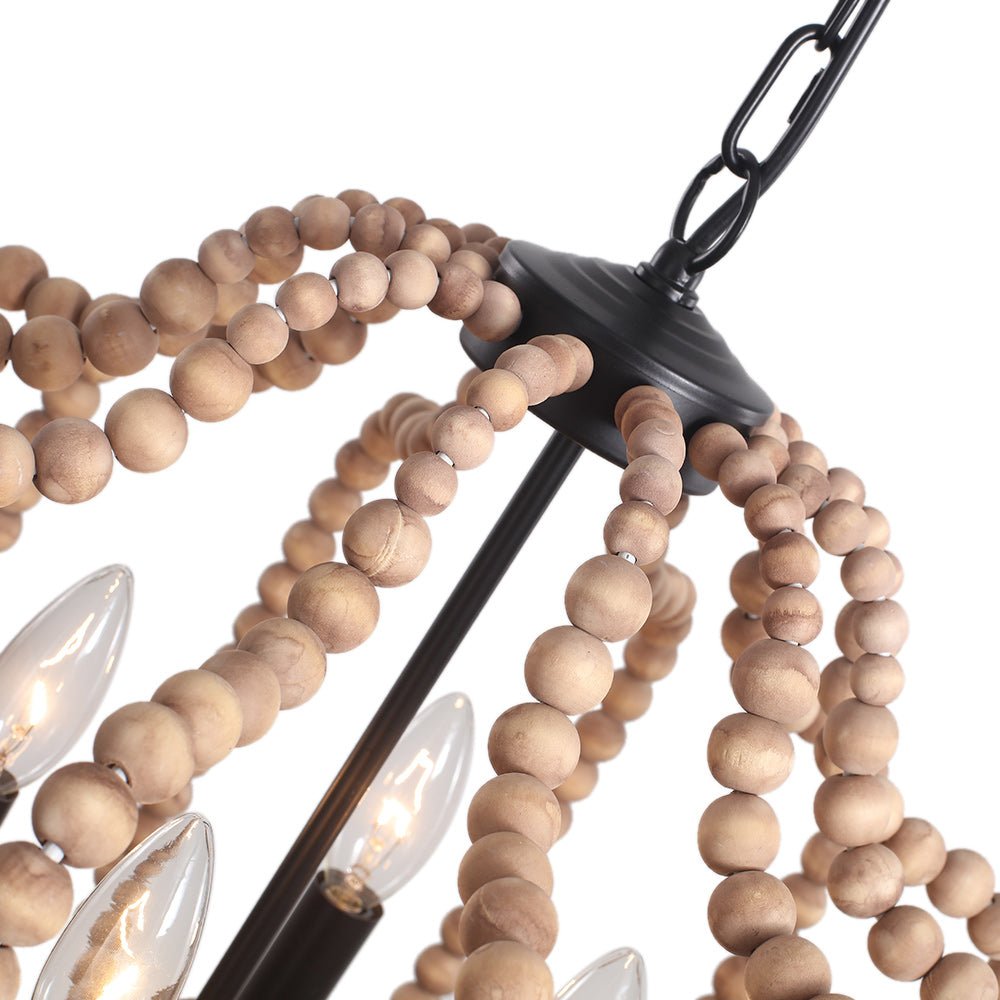 Decoración rústica: lámpara de araña con perlas de madera y 4 luces, estilo granja.