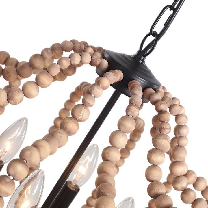 Decoración rústica: lámpara de araña con perlas de madera y 4 luces, estilo granja.