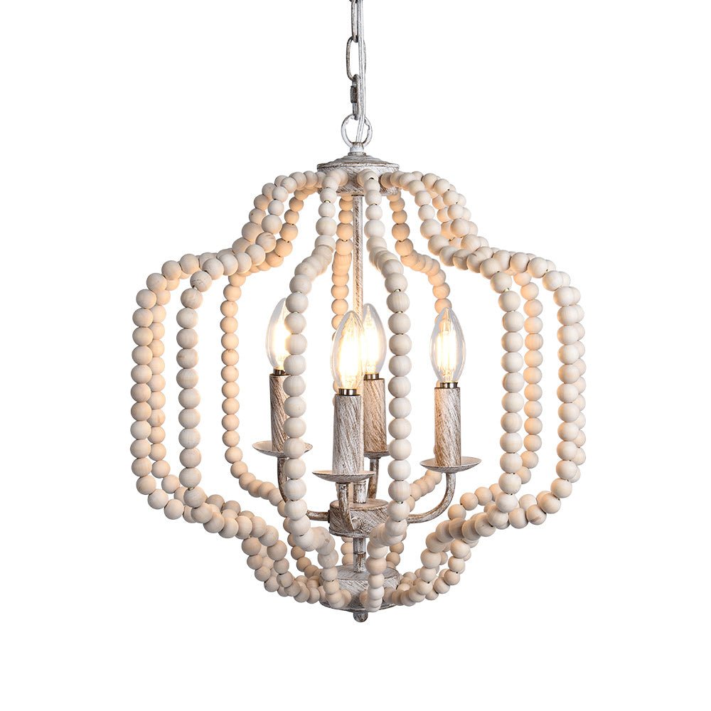Iluminación decorativa: lámpara de araña bohemia de 4 luces con perlas de madera.