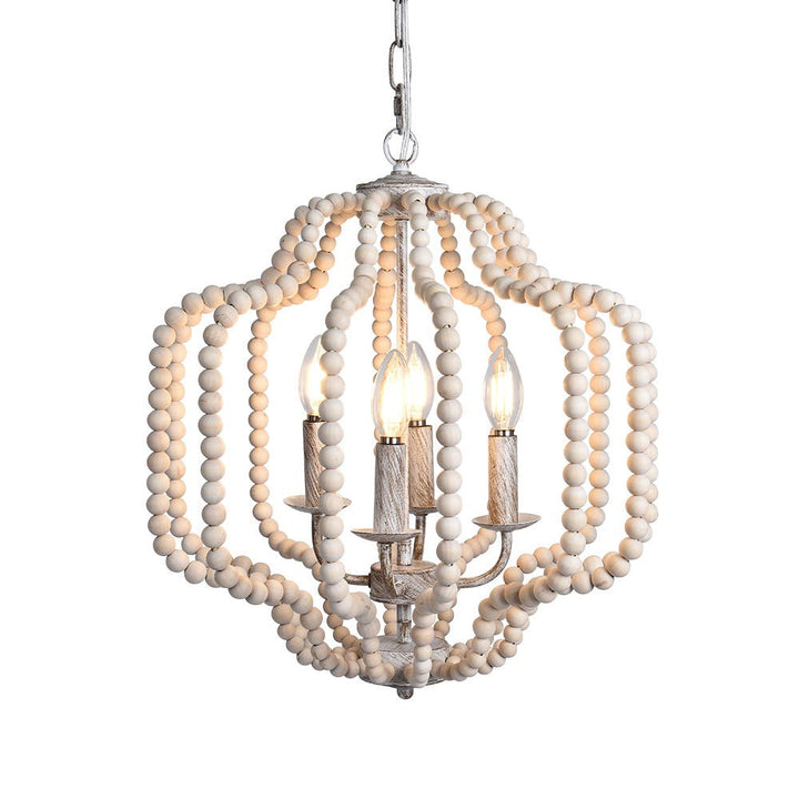 Iluminación decorativa: lámpara de araña bohemia de 4 luces con perlas de madera.