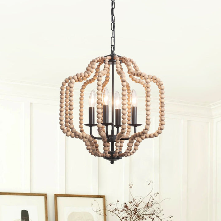 Lámpara de araña bohemia con perlas de madera, 4 luces, ideal para decoración rústica de hogar.