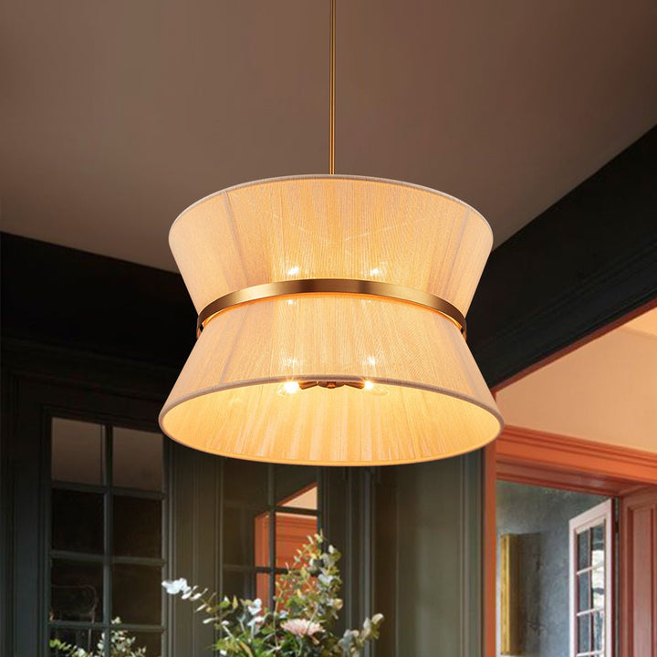 Luz colgante bohemia cónica de cuerda beige, ideal decoración hogar.