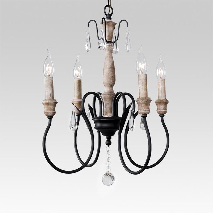 Candelabro rústico clásico de 4 luces, con cristal brillante y base de madera. Iluminación de techo para el hogar.