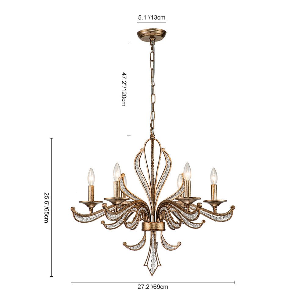 Iluminación retro-francesa: candelabro de 6 luces, cristal y bronce antiguo, ideal para decoración de lujo.