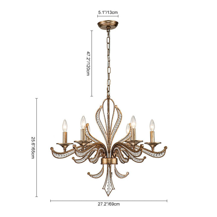 Iluminación retro-francesa: candelabro de 6 luces, cristal y bronce antiguo, ideal para decoración de lujo.