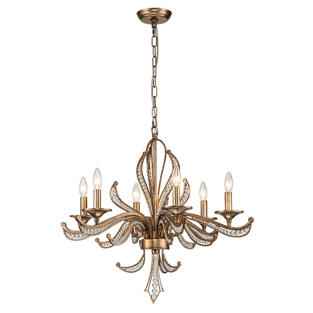 Candelabro de 6 luces estilo vela, cristal y bronce antiguo, decoración retro francesa de lujo.