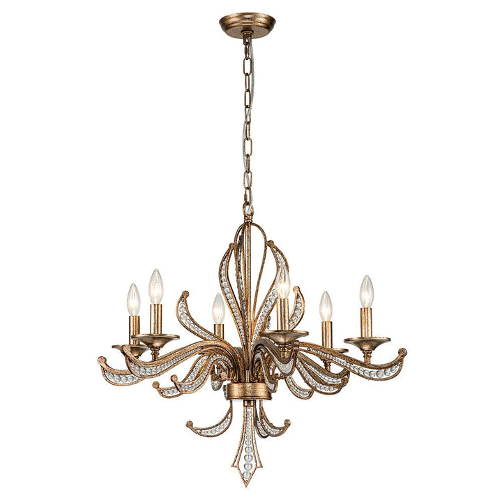 Candelabro de 6 luces estilo vela, cristal y bronce antiguo, decoración retro francesa de lujo.