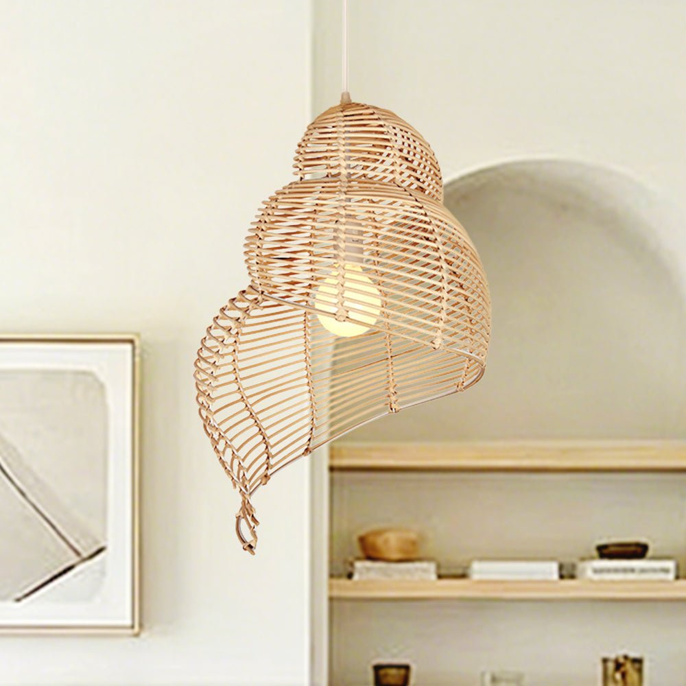 Colgante artesanal tejido, luz bohemia caracol espiral. Decoración costera para techo y comedor.
