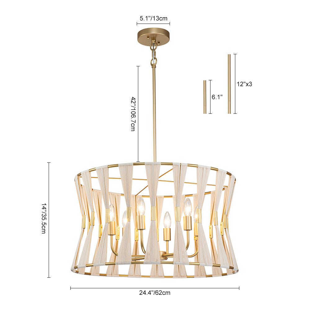 Candelabro de algodón tejido marfil, estilo boho chic, 6 luces para una iluminación elegante.