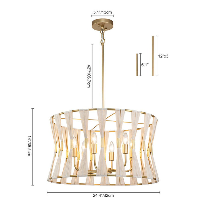 Candelabro de algodón tejido marfil, estilo boho chic, 6 luces para una iluminación elegante.